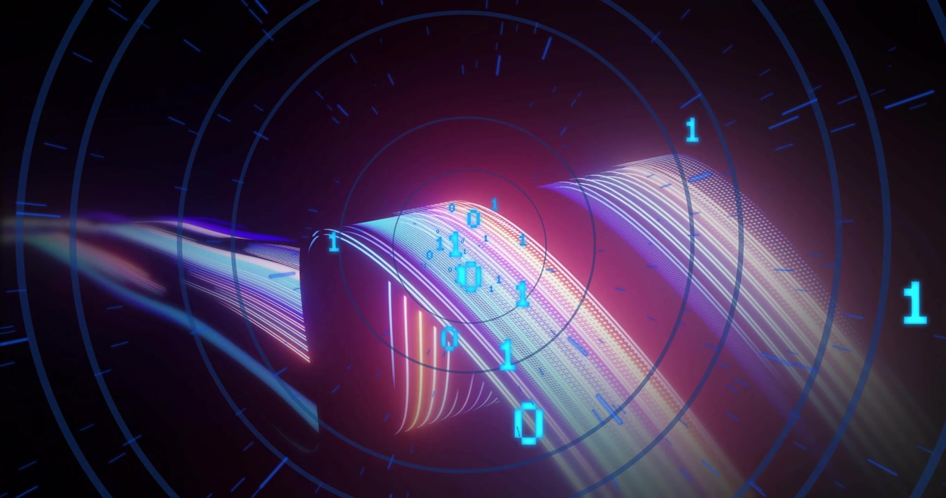 Zooming cam starting ribbon rolling shifting, binary digits drifting showing layers and data look