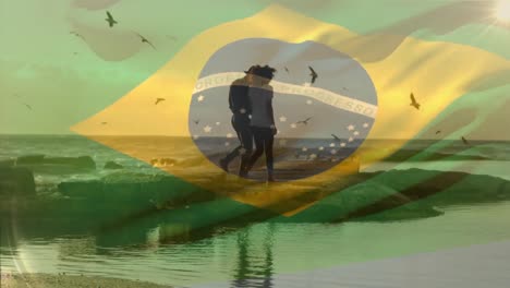 animation of waving brazil flag against biracial couple walking together at the beach