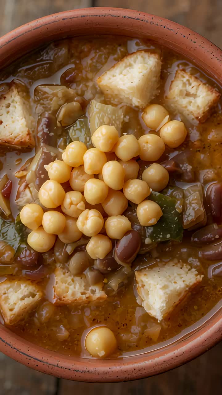 Vertical video: Shifting camera zooming over clay bowl with chickpeas on wood table, showing sheen