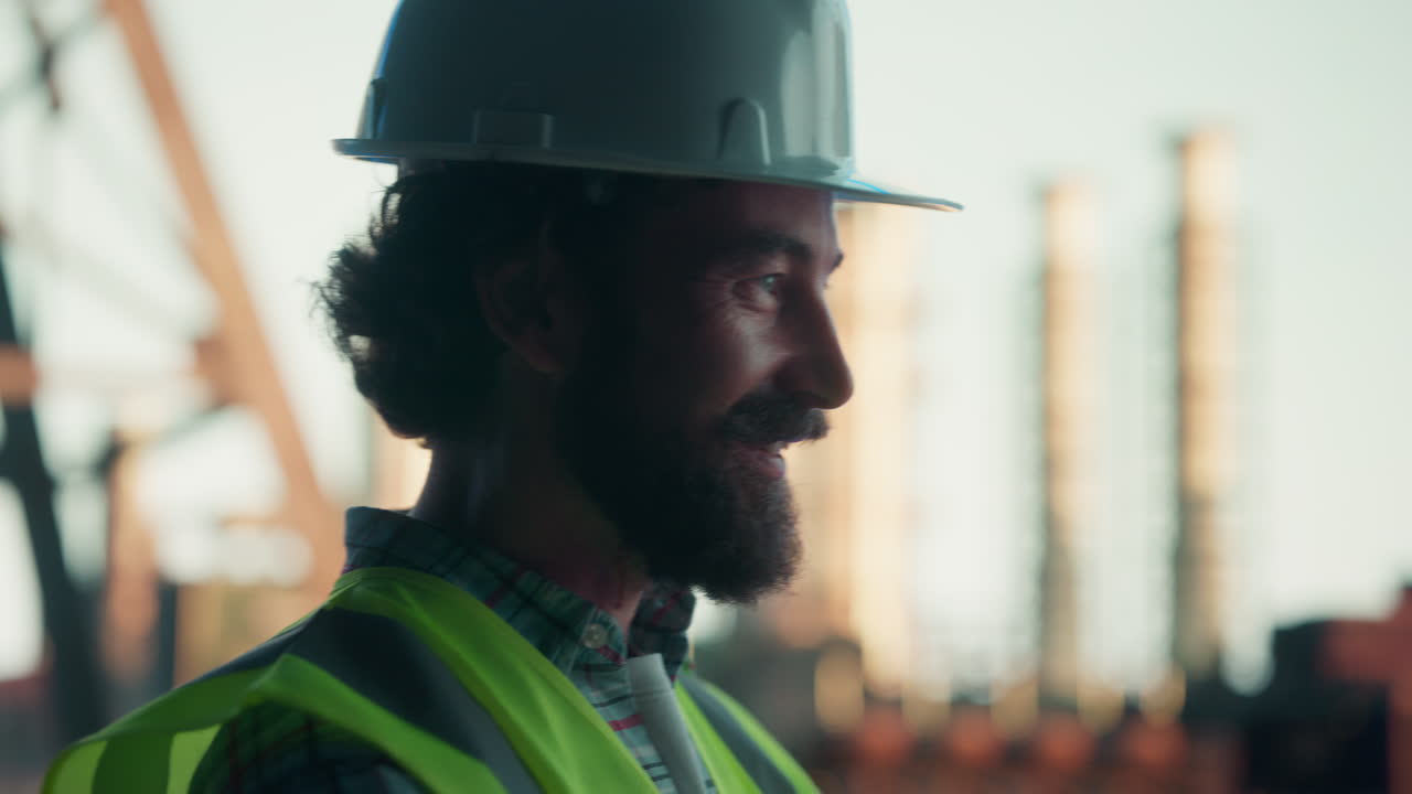 Smiling Bearded Construction Worker on Site