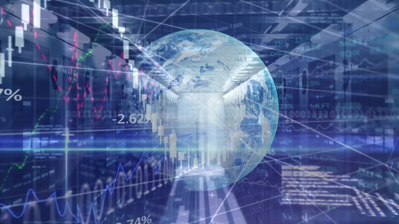 데이터 처리의 애니메이션과 파란색 배경 위의 지구