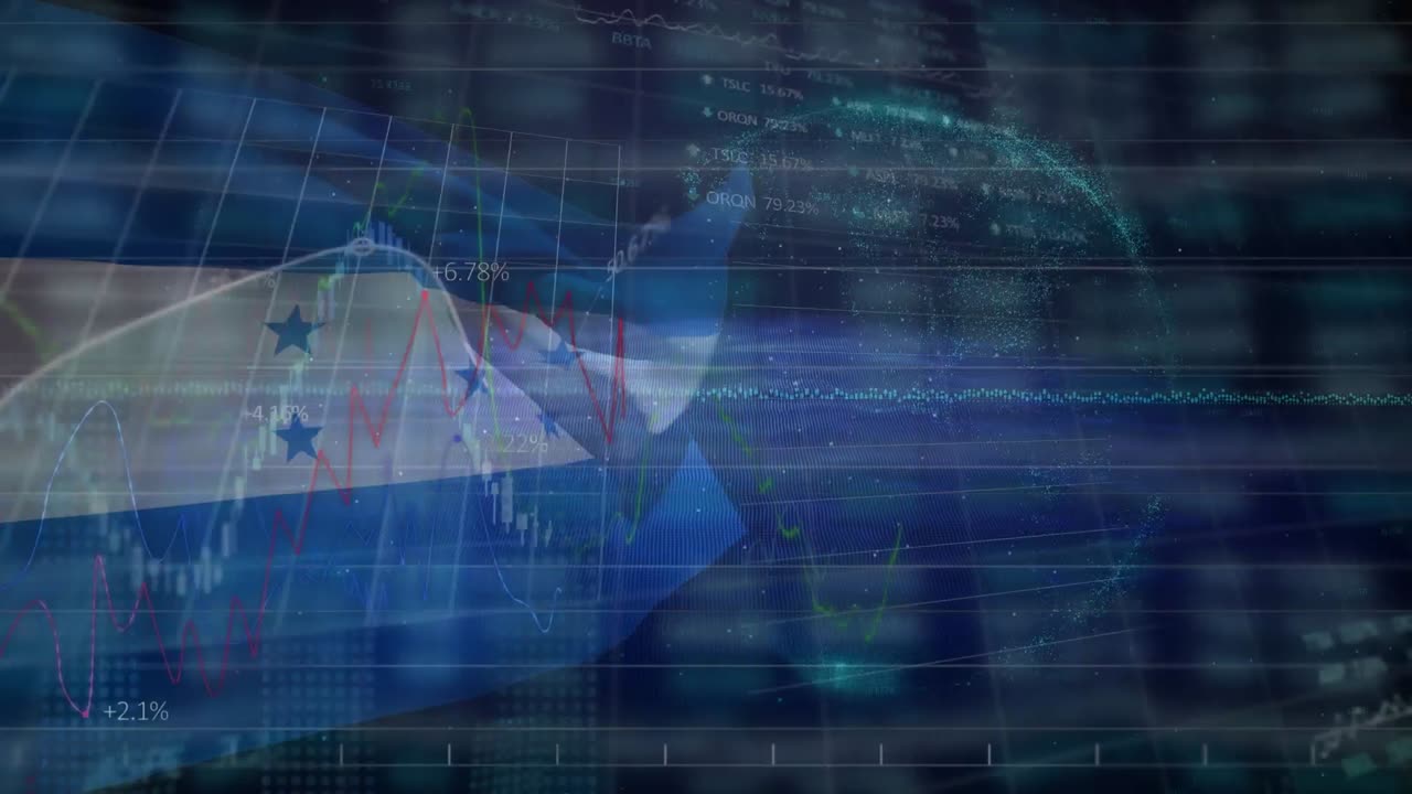 animación del globo, procesamiento de datos y gráficos sobre la bandera de honduras sobre fondo negro