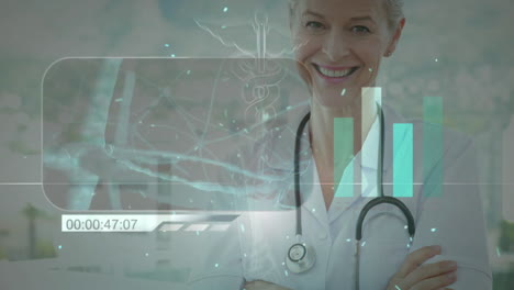 mature female doctor crossing arms in clinic, displaying holographic dna helix and countdown timer