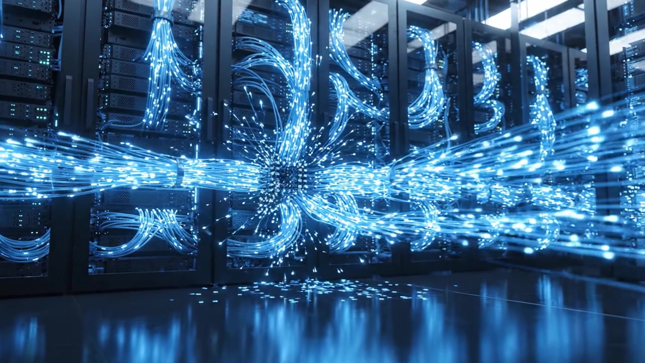 Dynamic Data Flow in a Modern Server Room: A Futuristic Glimpse of High-Speed Connectivity and Data Processing in a Network Infrastructure Environment