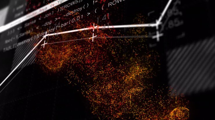 Data visualization and analysis animation over abstract particle background