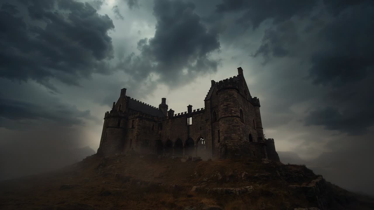 Drifting storm clouds casting shifting light across medieval stone castle on hilltop, mist swirling