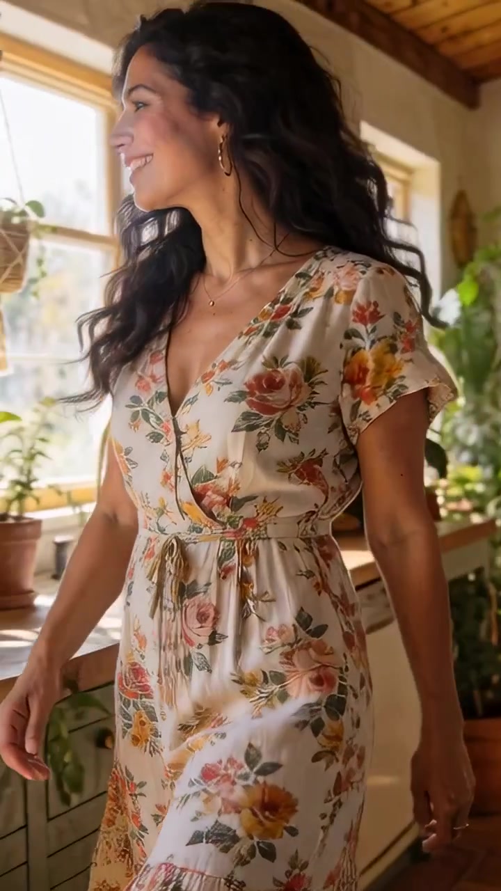 Vertical video: Sunlight drawing woman turning, walking to glass door in kitchen, with floral dress