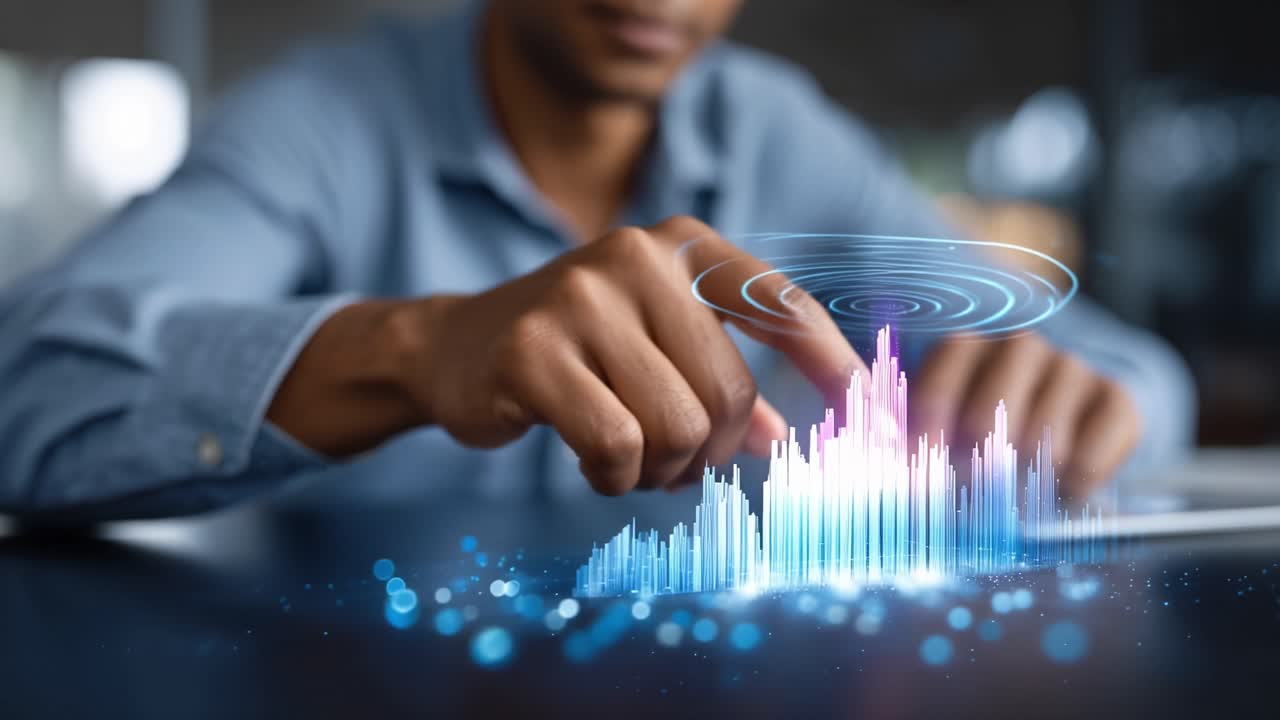 Professional analyzing data with modern holographic interface, showcasing financial growth and trends through interactive 3D bar graphs on a digital workspace