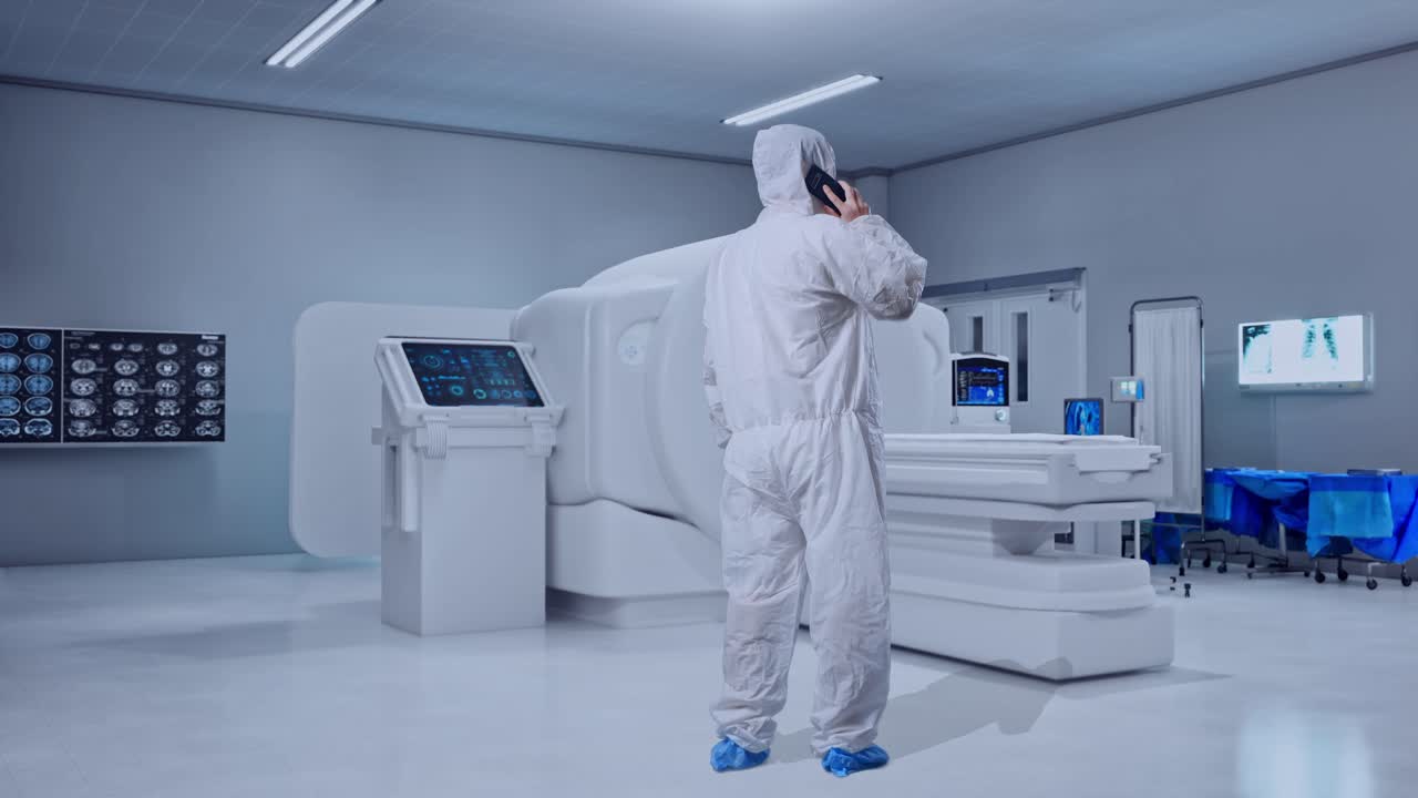 Full Body Back View Of Asian Male Scientist Talking On Smartphone While Standing With MRI Machine In The Hospital