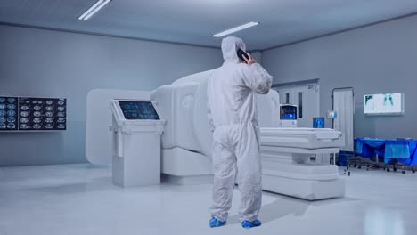 full body back view of asian male scientist talking on smartphone while standing with mri machine in the hospital