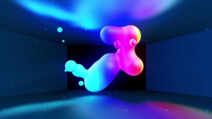 Spheres merge like liquid drops or metaballs move in-air smoothly, like underwater. Abstract liquid gradient of colors on beautiful 3d spherical forms, multi-colored glow, scattering light inside.