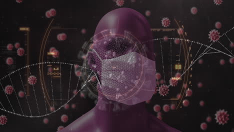 dna and coronavirus bacteria flying over head wearing mask.