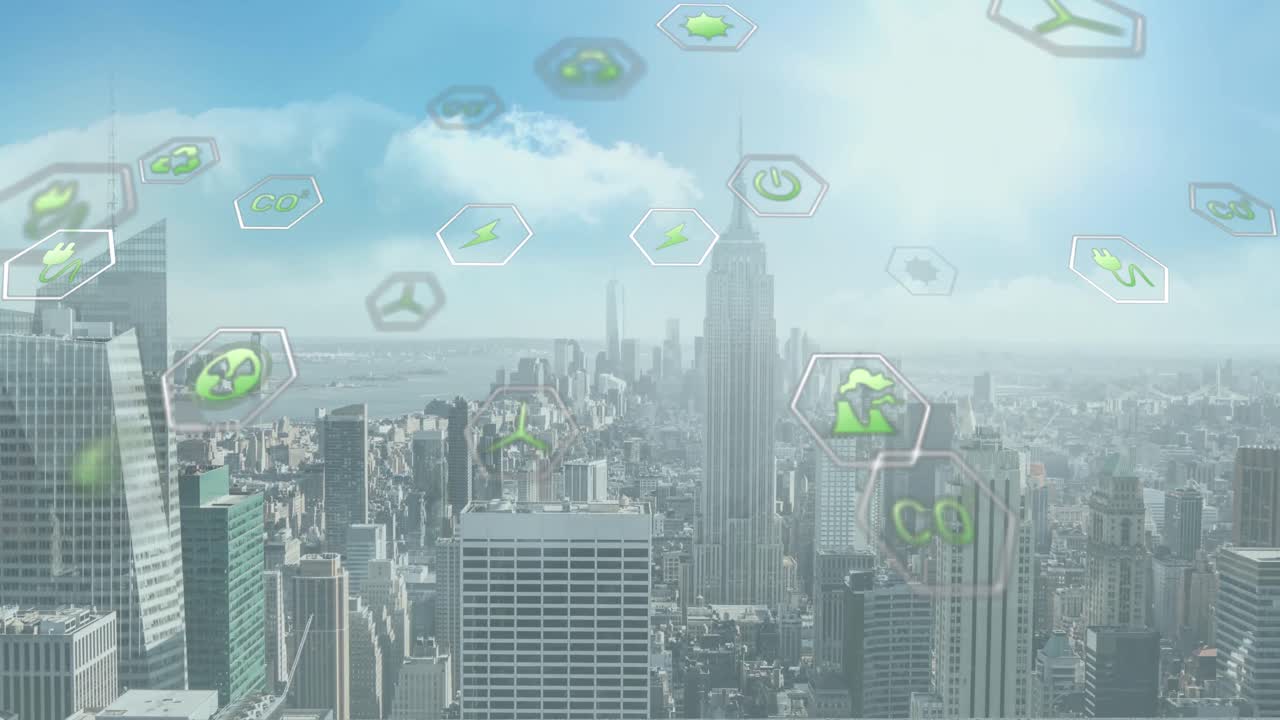 도시 풍경 위의 데이터 처리 애니메이션