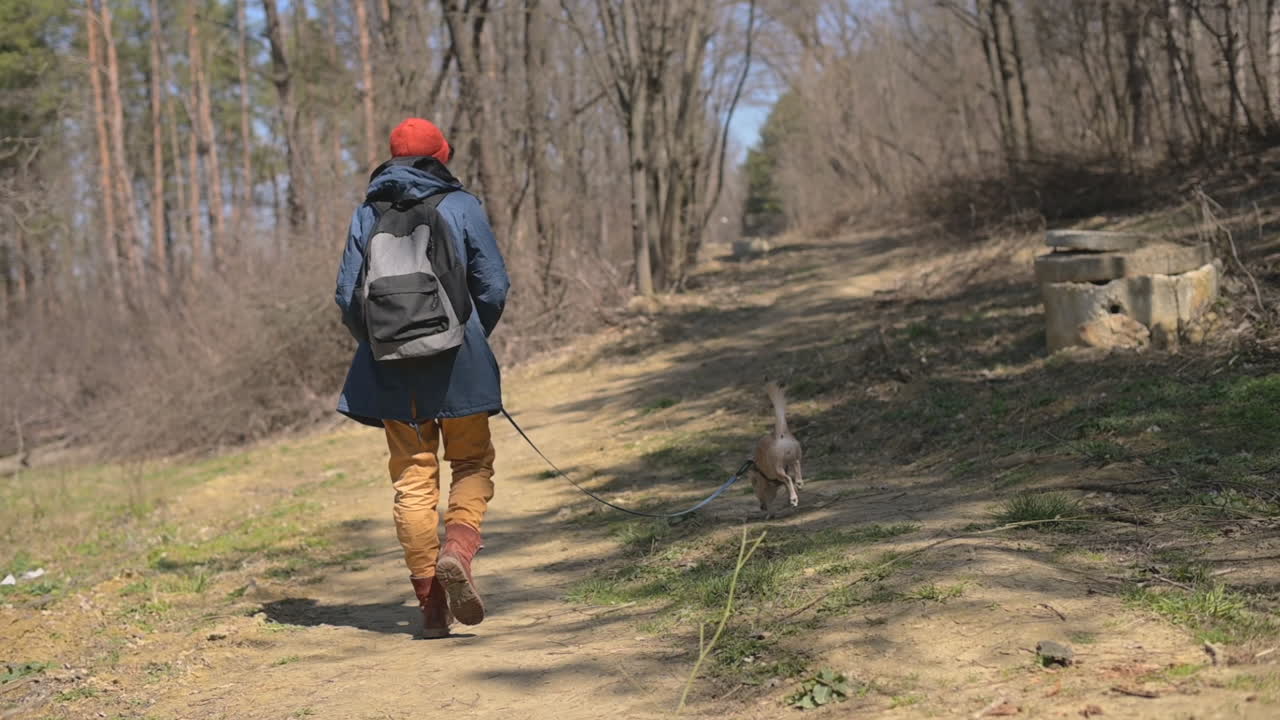 An Unrecognizable Young Woman Takes A Walk With Her Dog In The Forest 1
