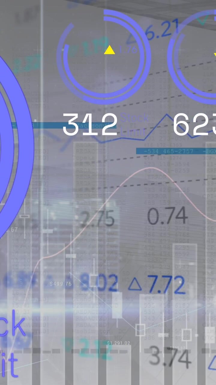 Animation of statistical and stock market data processing against grey background