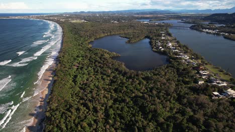 Fingal Head Beach And Tweed River In NSW, Australia - Aerial Drone Shot
