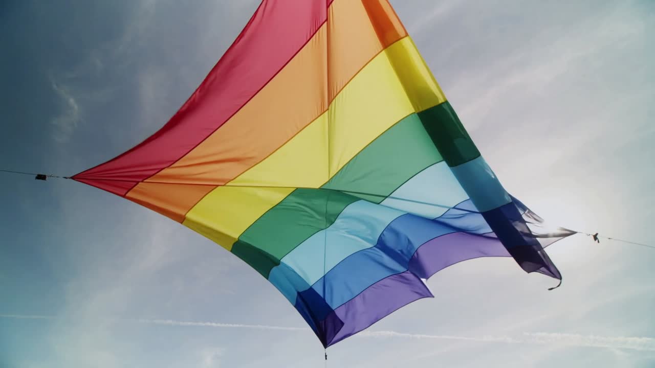 Grande tessuto a strisce arcobaleno che ondeggia in un cielo azzurro pallido visto dal basso, ancorato e che sventola al vento.