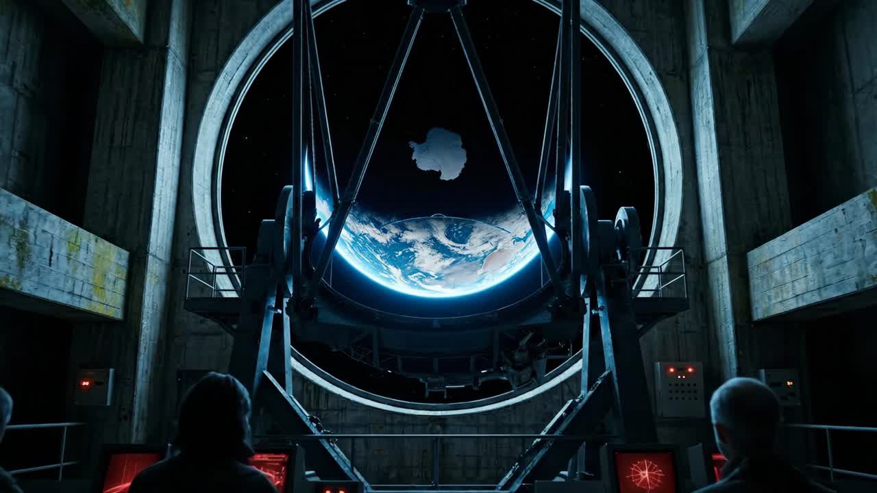 Persone che osservano la Terra e l'Antartide da una futuristica sala di controllo