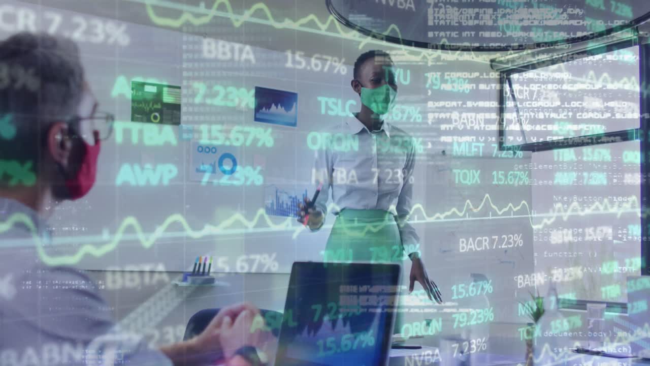 Animation of financial data processing over diverse business people with face masks at meeting