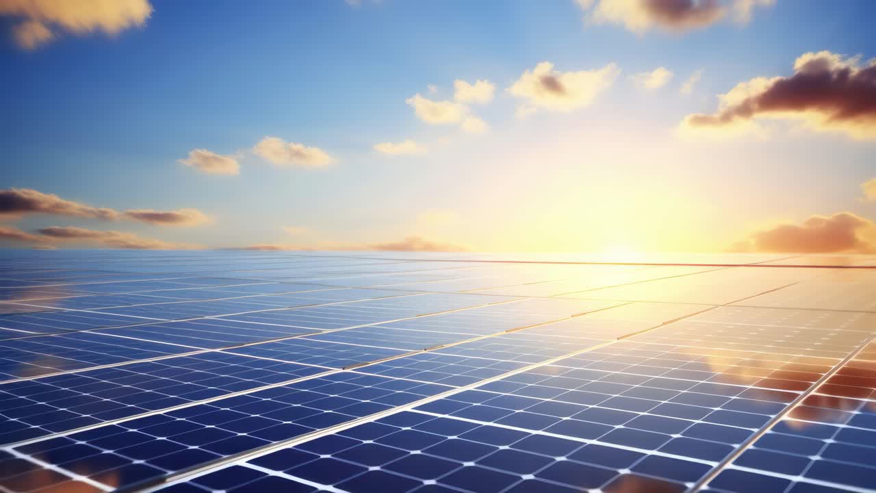 Immagine dal basso angolo di pannelli solari che riflettono un cielo al tramonto dai colori vivaci, che cattura l'energia rinnovabile
