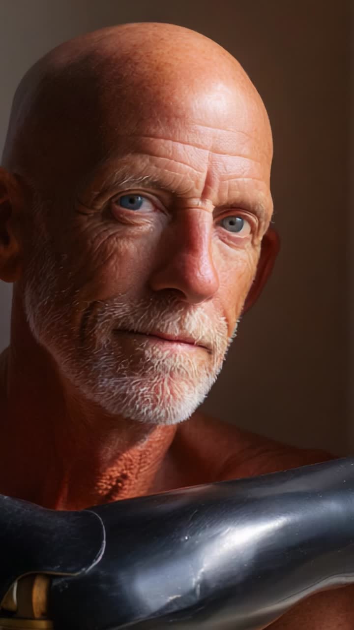 A Close-Up Portrait of a Mature Man with a Distinctive Bald Head and Blue Eyes, Emphasizing Character and Wisdom through Natural Lighting and Expression