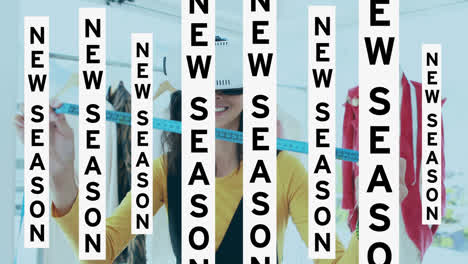 animation of new season text over woman wearing vr headset