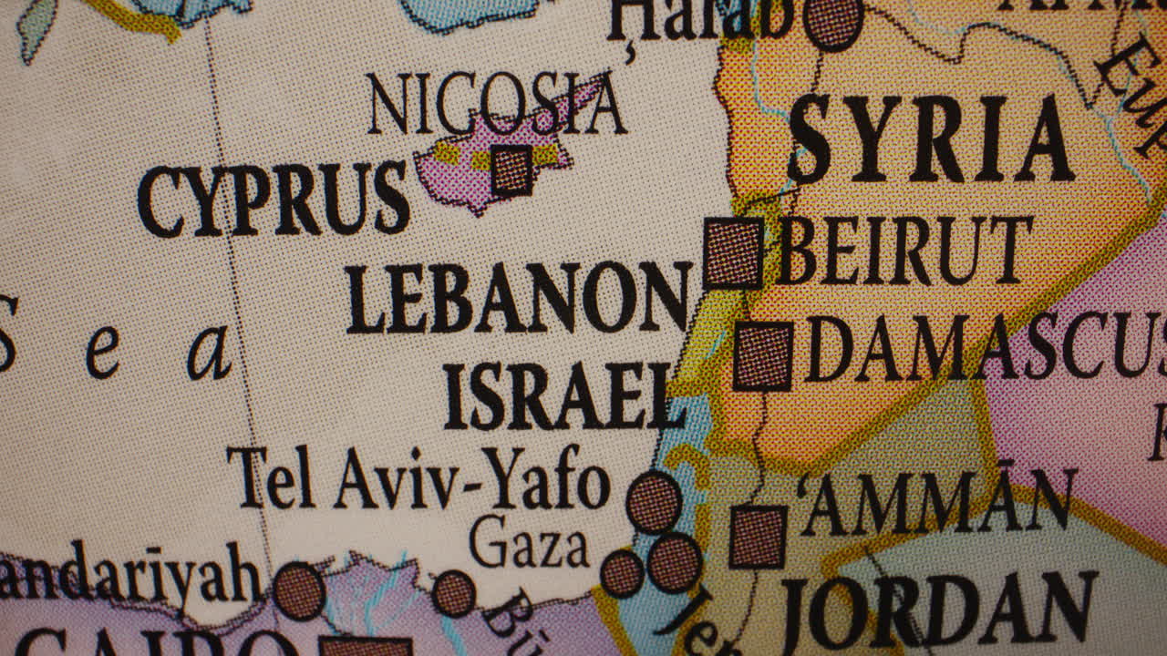 Close-up of the Middle East region on a map or globe
