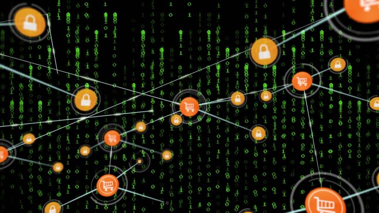 Animation of network of connections with icons over data processing on black background