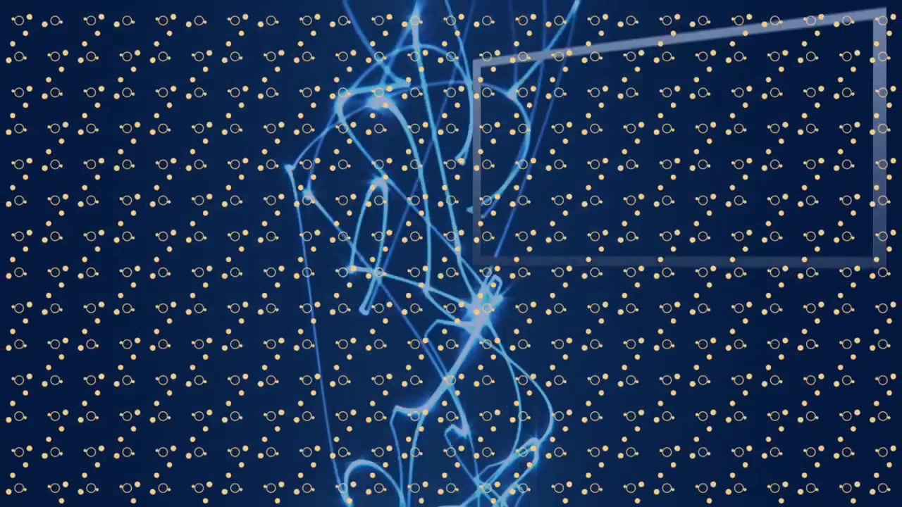 Faint glow starting blue ribbon looping through box, fading then returning, showing network on grid