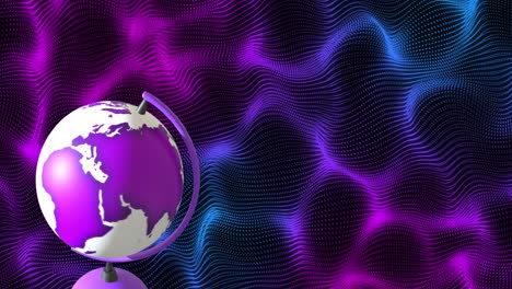 Animation-of-globe-spinning-over-purple-and-blue-light-trails-on-black-background