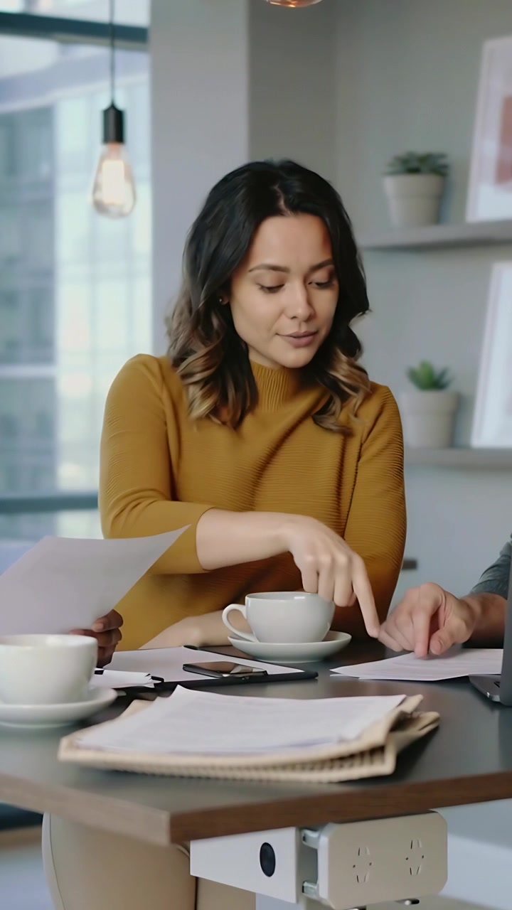 Video verticale: Vedendo la mano di un collega, una donna con un top color senape che indica un documento da revisionare in un angolo.
