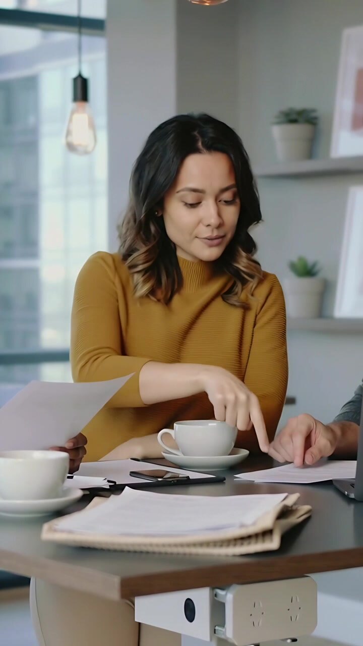 Video verticale: Vedendo la mano di un collega, una donna con un top color senape che indica un documento da revisionare in un angolo.