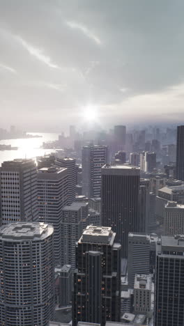 vista aérea de un horizonte de la ciudad al atardecer