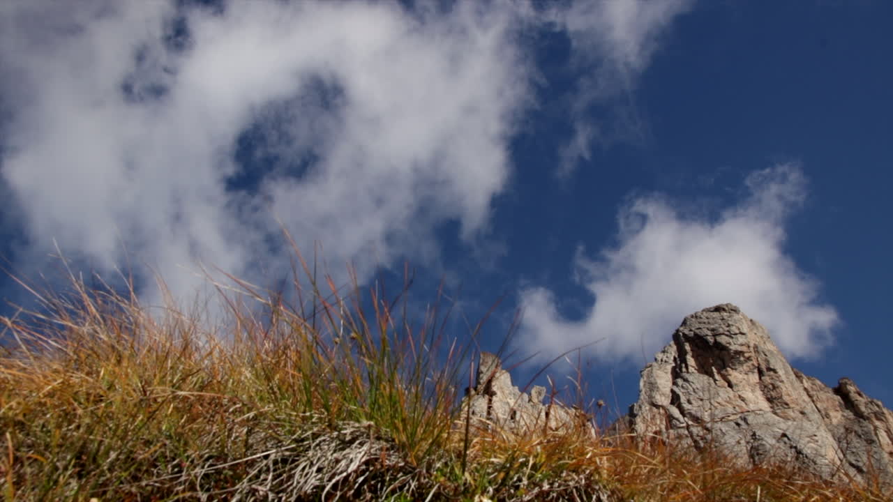 time-lapse de los alpes italianos con nubes y hierba en primer plano y montaña en segundo plano