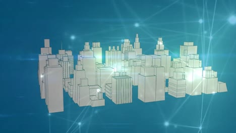 Animation-of-networks-of-connections-over-3d-cityscape-on-blue-background