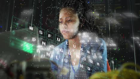 Animation-of-data-processing-over-african-american-businesswoman-using-computer