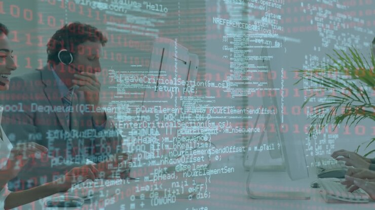 Animation of data processing over business people using phone headsets