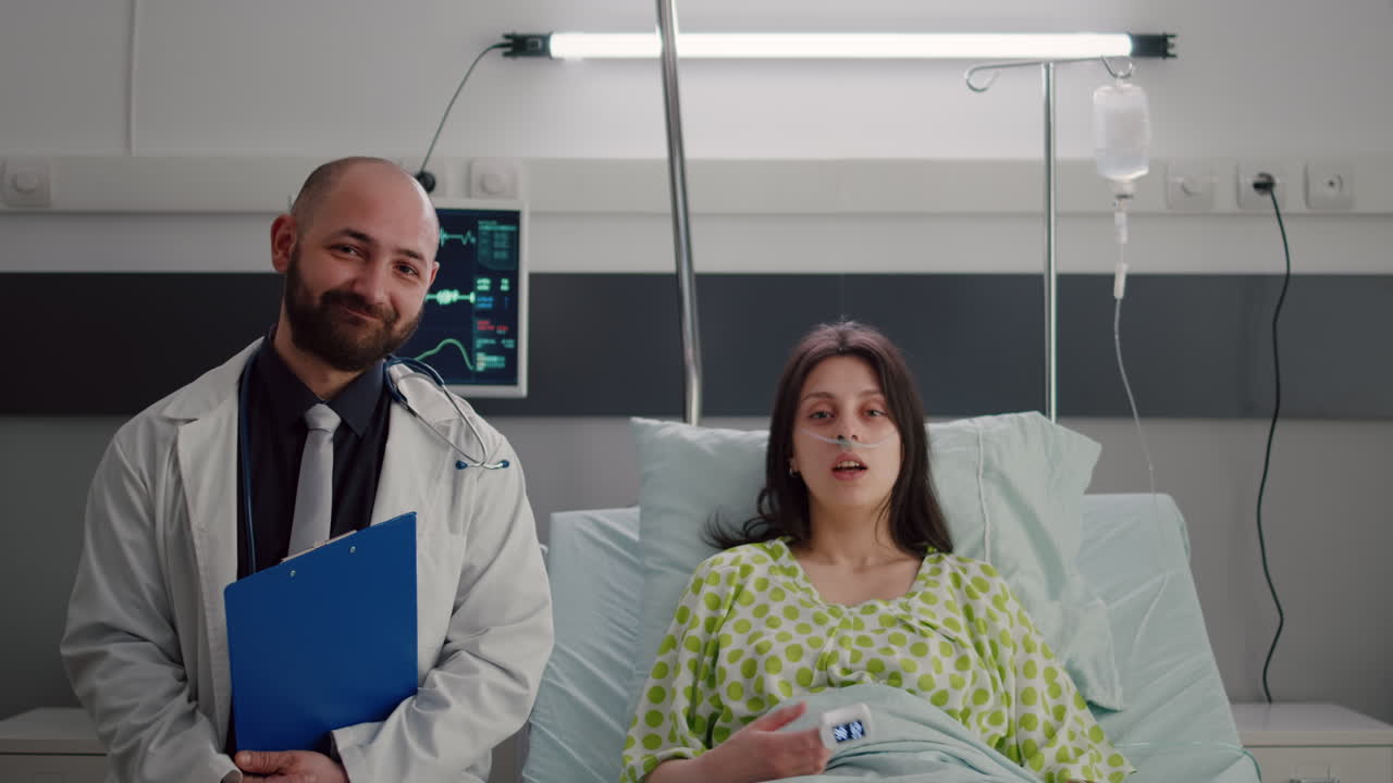 Front view of medical specialist and sick woman having online videocall conference