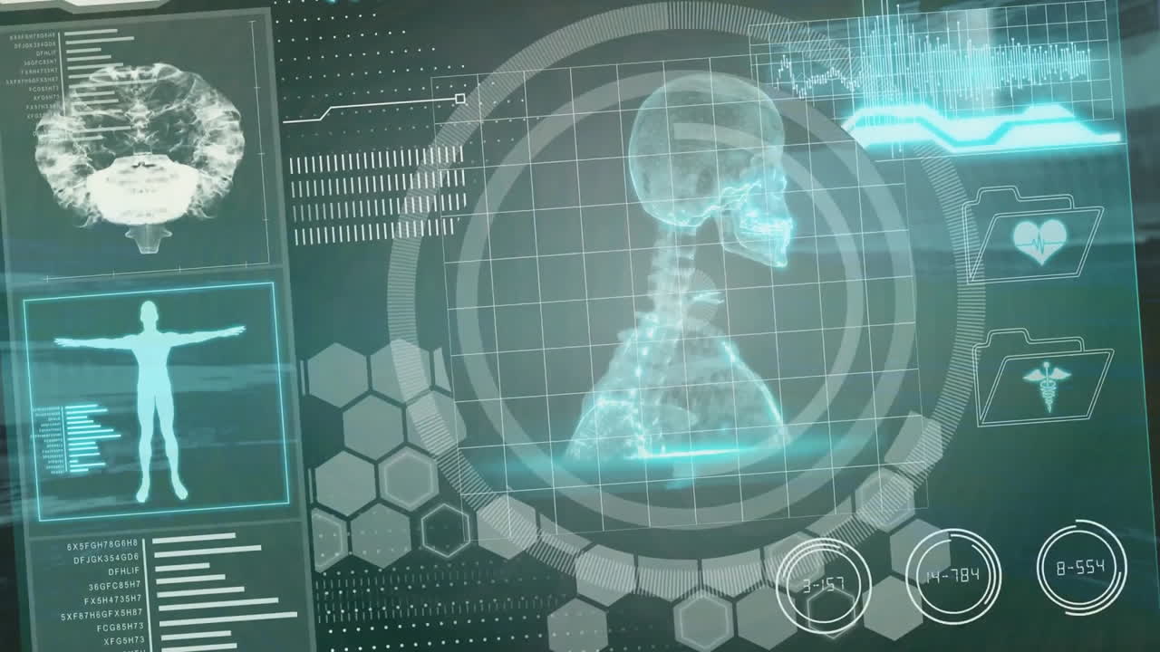 어두운 배경에서 골격과 뇌 처리 데이터를 가진 의료 인터페이스 화면의 애니메이션