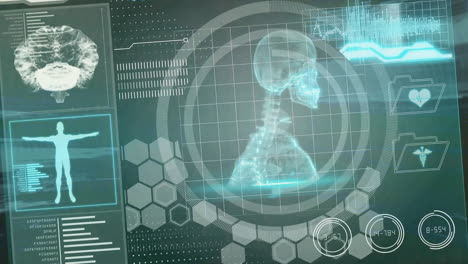 animation of medical interface screen with skeleton and brain processing data on dark background