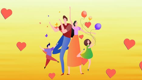 Animation-of-illustration-of-happy-family-dancing-with-balloons-and-red-hearts-on-yellow-background