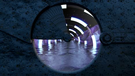 iron hatch opens panoramic view to the extraterrestrial landscape scene. 3d abstract background of sci-fi corridor. futuristic technology abstract seamless vj for tech titles and background.