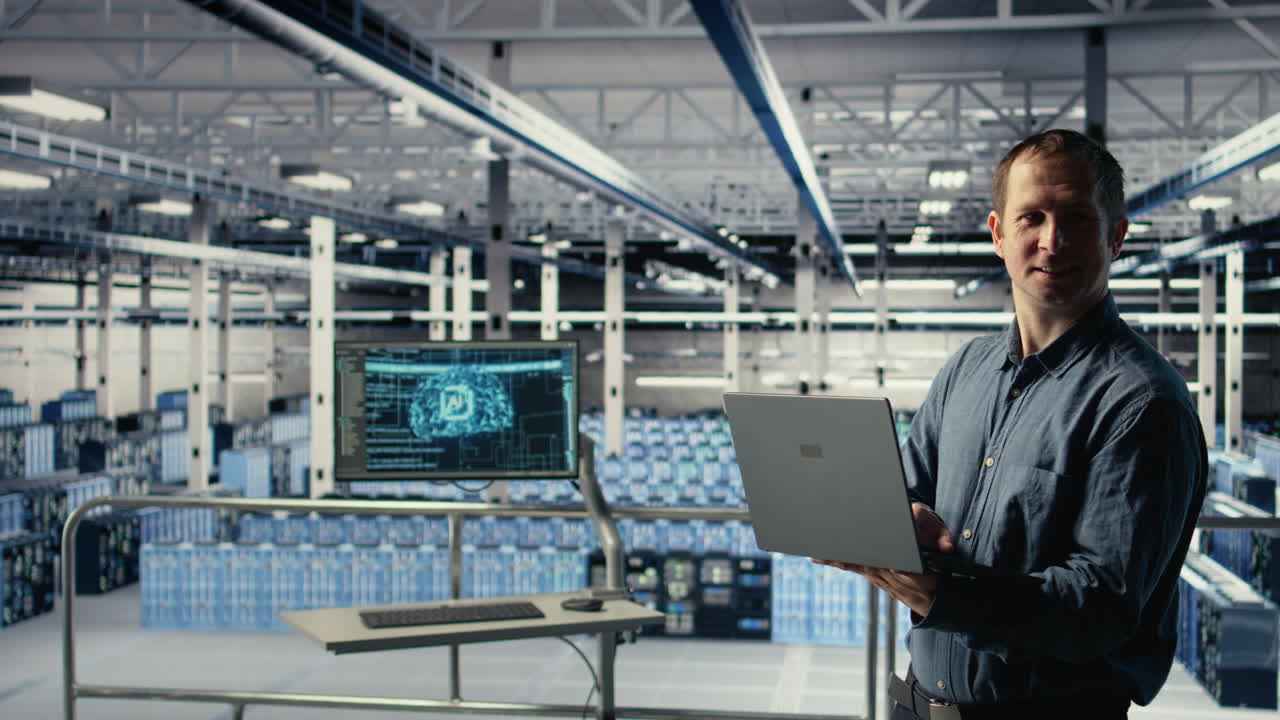 Engineer In Data Center Checks Ai Dashboard Using Laptop During Systems Review