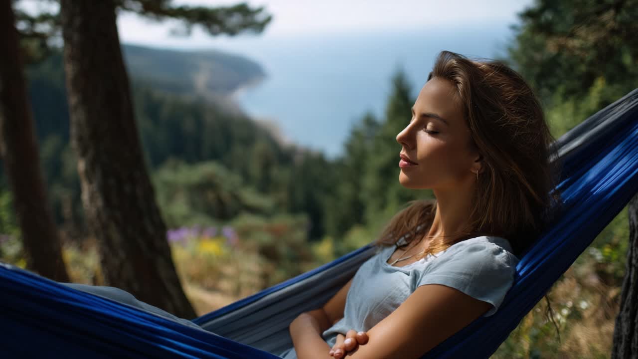 Ein friedlicher Moment der Entspannung, in dem eine Frau die Ruhe der Natur genießt, in einer Hängematte liegt und einen wunderschönen Blick auf das Meer und die umliegende grüne Landschaft hat.