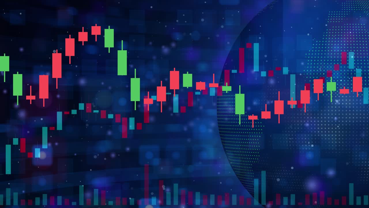 Grafici finanziari a candele giapponesi scorrevoli e ripetibili, globo digitale con dati di trading dell'economia globale, sfondo aziendale blu professionale.