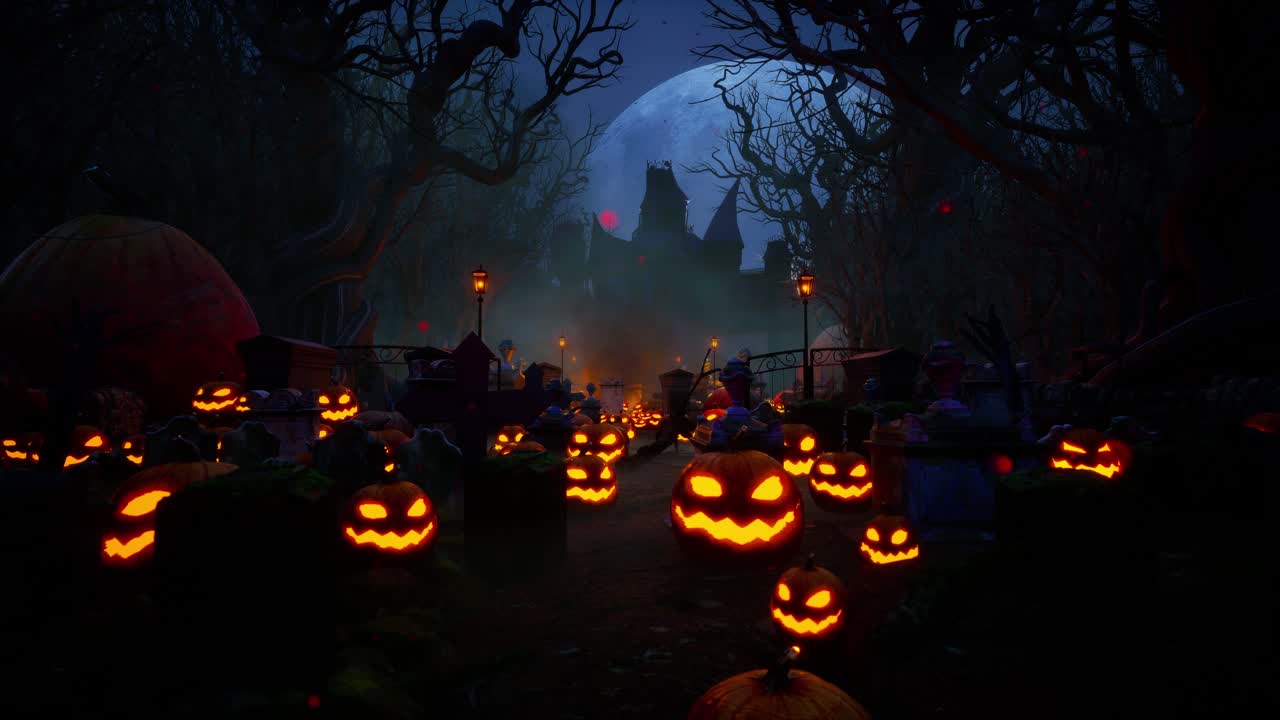 Uhyggelig kirkegård med hjemsøgt hus og Jack-o'-lanterns på Halloween-nat