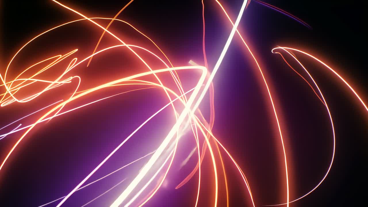 Tightening orange neon arcs intersecting white streak, drifting rectangles on purple lit black void