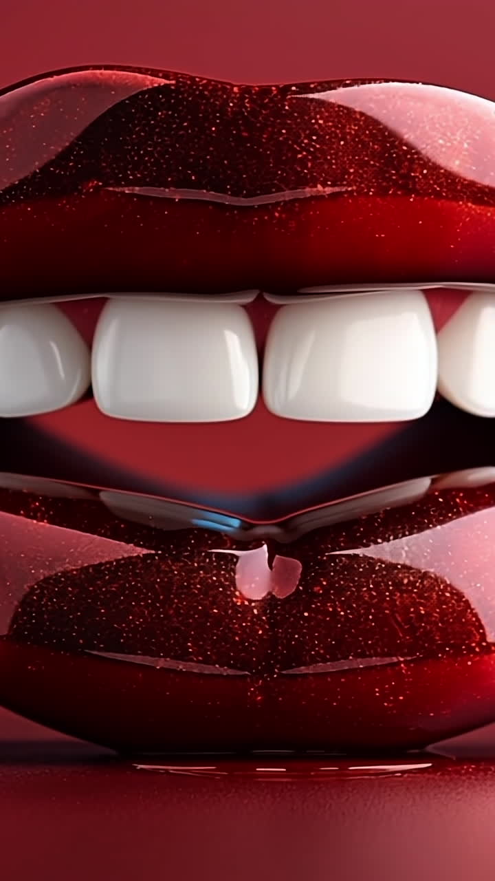 Glossy red lips showcase bright teeth. Shiny red lips and bright white teeth create a stunning contrast against a deep red background.