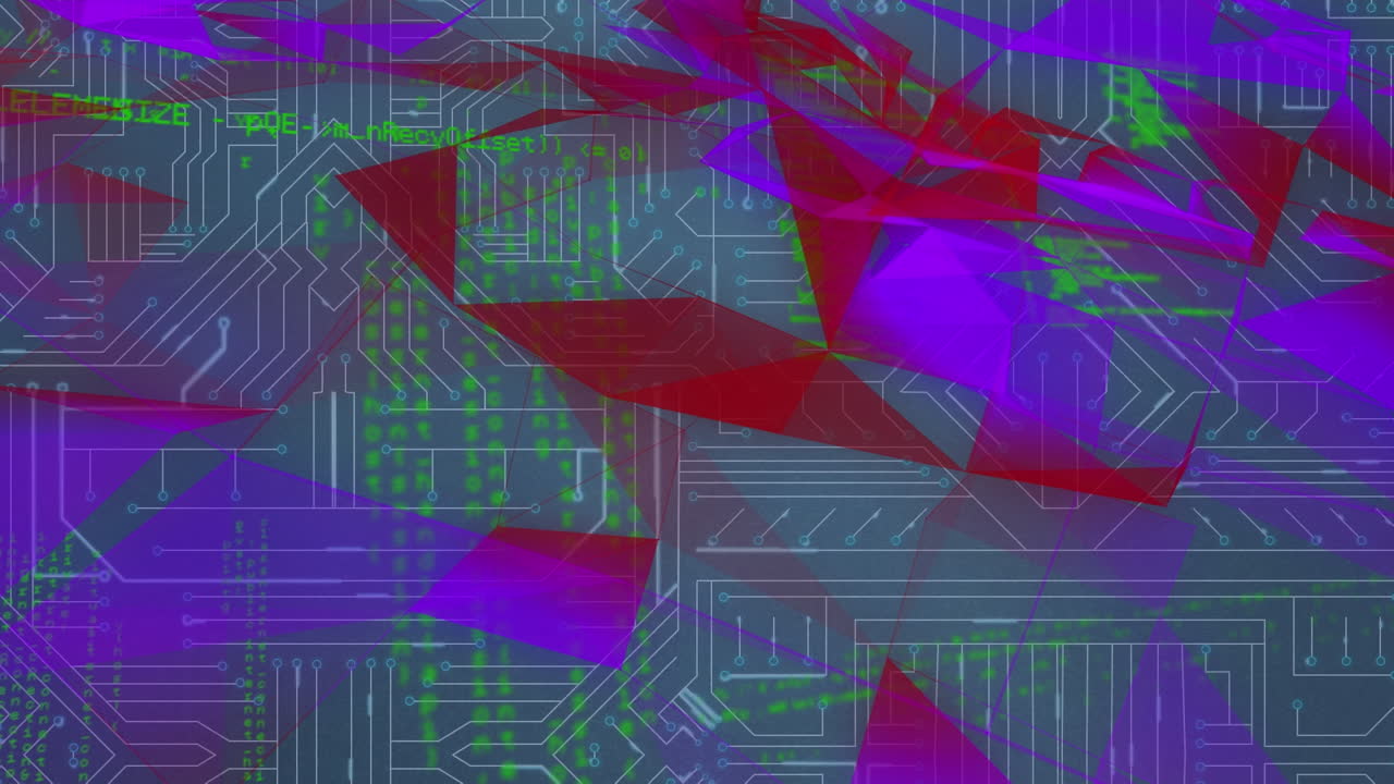프로그래밍 데이터와 추상적인 빨간 패턴이 그래픽 회로판 위에 움직이는 애니메이션