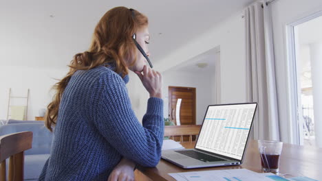 Caucasian woman sitting at desk coding data on laptop